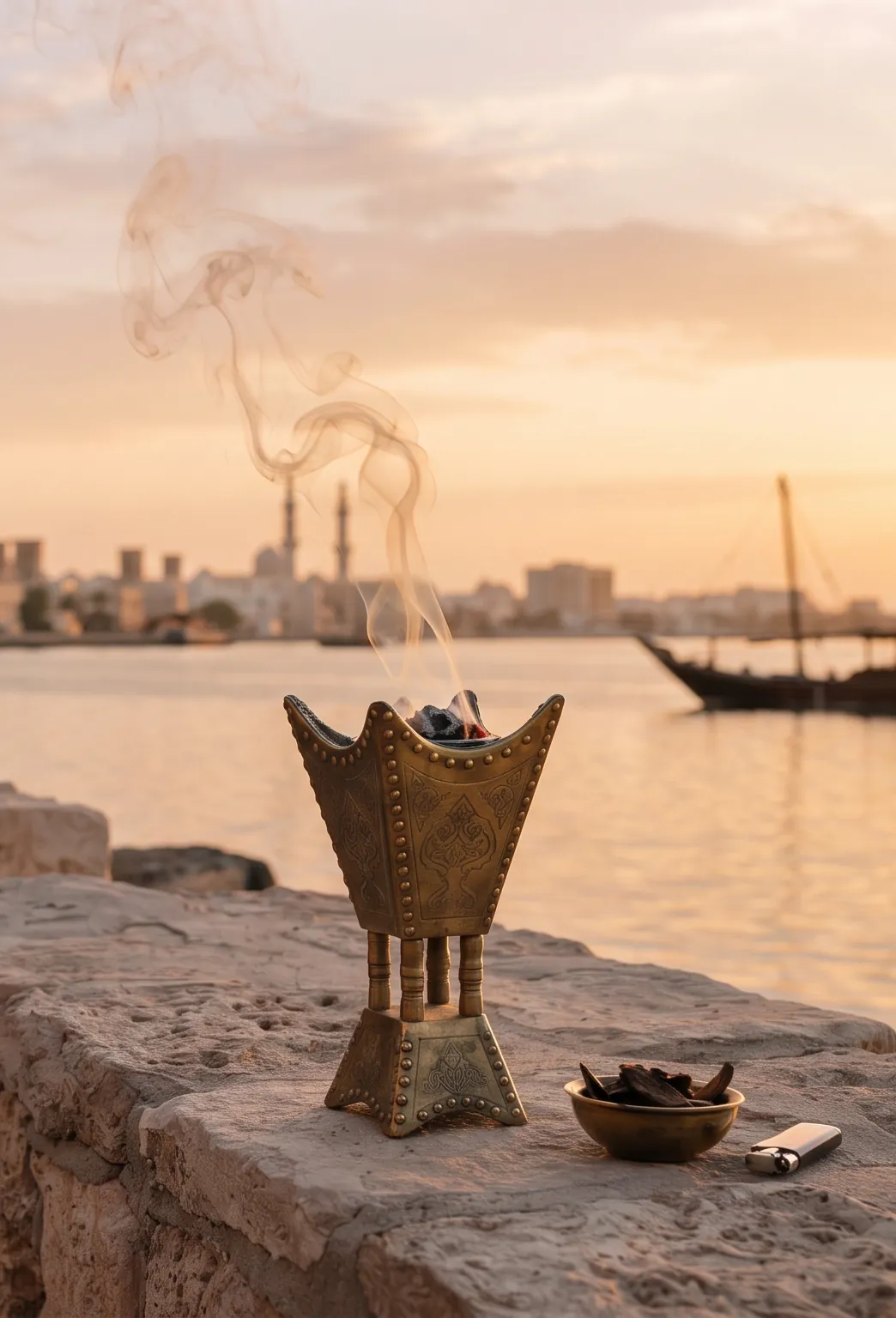 مبخرة يتصاعد منها الدخان عند الغروب على ضفة البحر